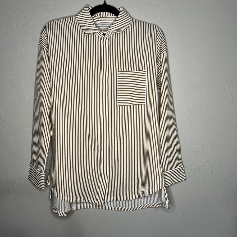 ADAY‎ Something Striped Brown White Flowy Button Down High Low Shirt - Picture 2 of 8